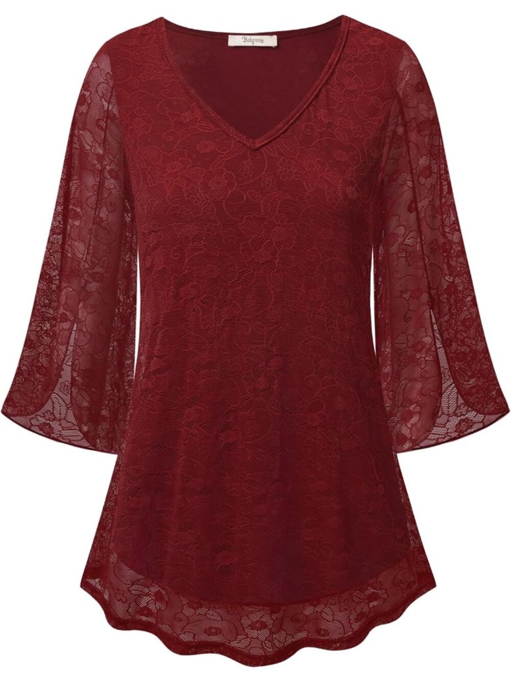 〽️Women's Red Ruffle 3/4 Sleeve V Neck Double Layer Mesh Loose Flowy Tunic Top